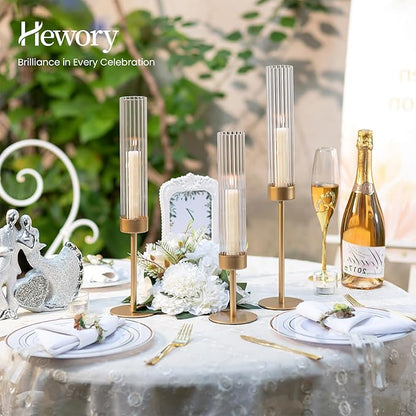 Hewory Gold Hurricane Candle Holders: Brass Candlestick Holders Set of 6 Tall Taper Candle Holders for Candlesticks Candle Sticks Holder Decor for Table Centerpiece Wedding Party Christmas Decorations