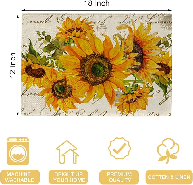 Seliem Fall Sunflower Placemats Set of 4, Spring Summer Yellow Floral | Flowers - Image 2