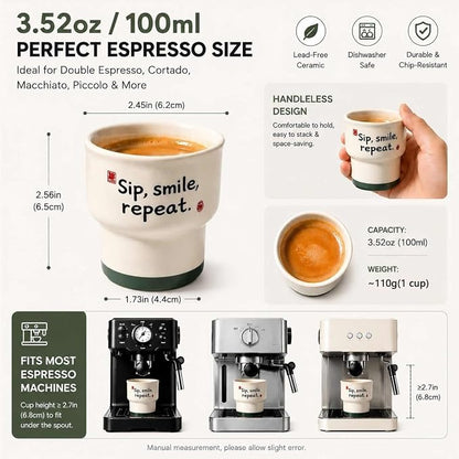 Ceramic Espresso Cups Set of 2, 3.52 OZ Handleless Demitasse Cups, Stackable - Image 3