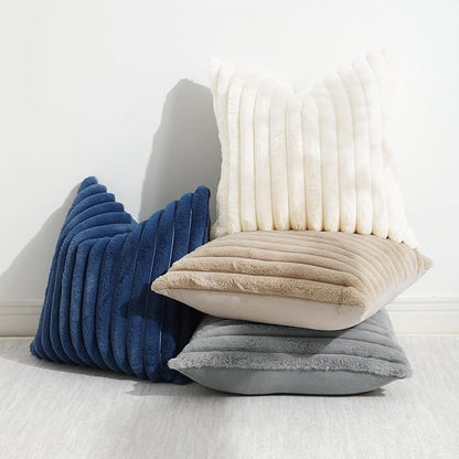 decorUhome Cozy Faux Fur Spring Throw Pillow Covers 20x20 Set of 2 Decorative Soft Plush Striped Modern Farmhouse Boho Couch Pillow Cases with Velvet Back for Sofa Bed Living Room, Grey