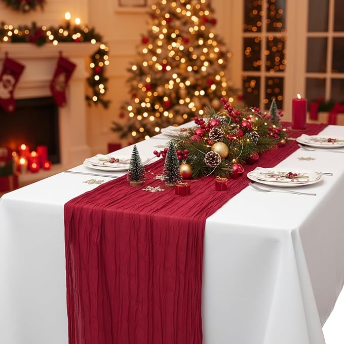 3 Pack Red Cheesecloth Table Runner 120 Inch Boho Wedding Decor | Cheesecloth - Image 7