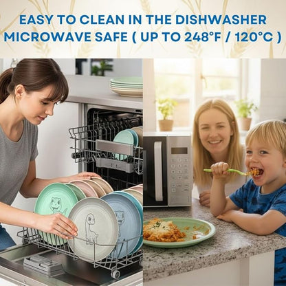 Wheat Straw Plate Set for Toddlers with Dinosaur Patterns | 4 Engraved, Eco-Friendly Food Plates | Free Dinosaur Backpack Included | Dishwasher & Microwave Safe | Excellent Gift for Childrens