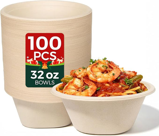 32 OZ Large Disposable Paper Bowls - Heavy Duty and Compostable - Made from Eco-friendly Sugarcane Bagasse - Biodegradable Bowls for Soup, Salad, Dessert, Ice Cream [100 Pack]
