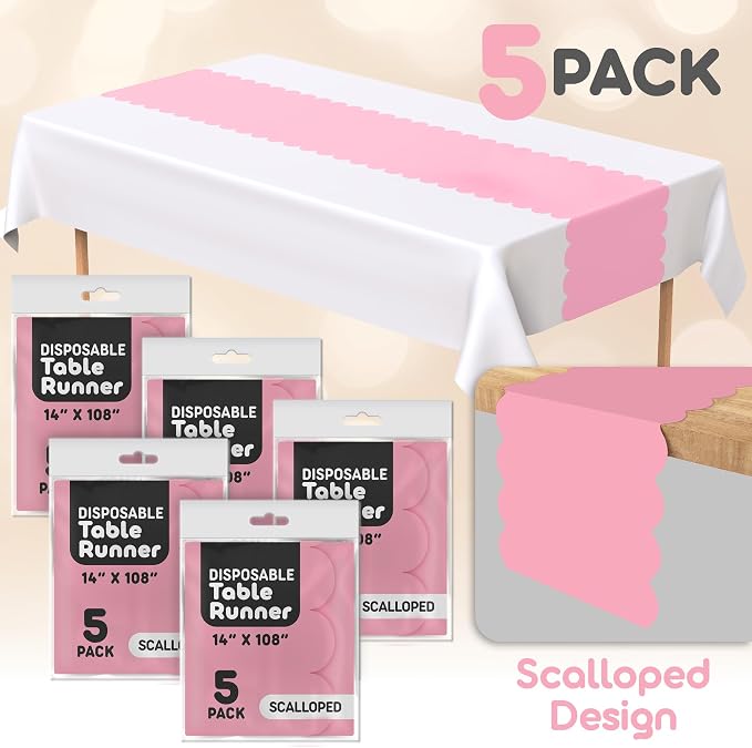 Light Pink Scallop Table Runner, Disposable Plastic, 5 Pack - Image 2