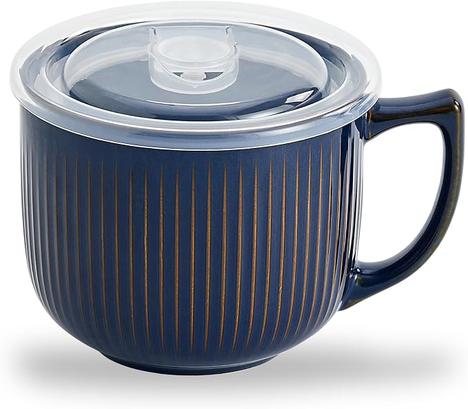 Ceramic Soup Bowl with Handle & Lid, 32oz Microwave Ramen Bowl Vintage Blue | by Hoilse