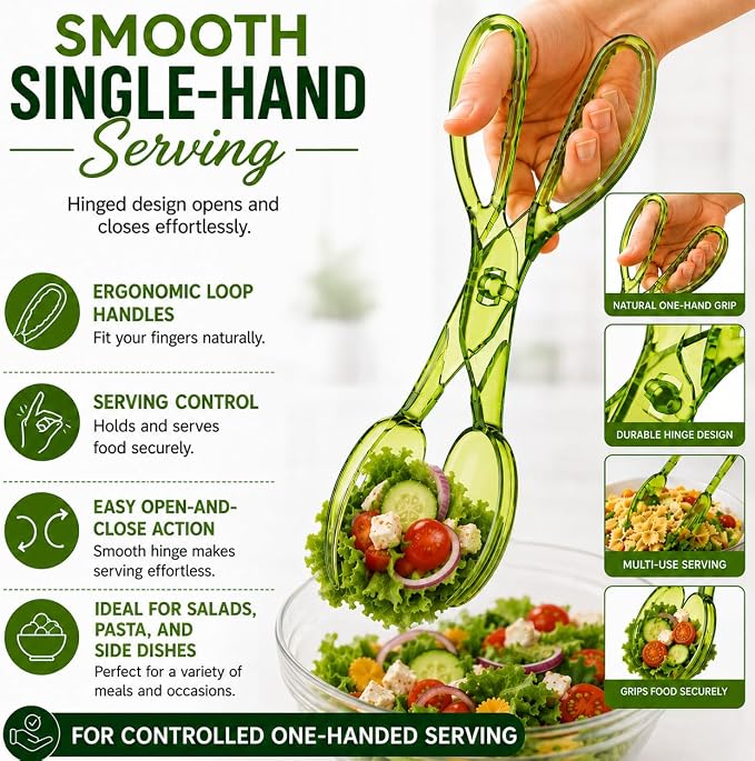 HIC Kitchen Salad Tong, Hinged Design, Detachable Fork and Spoon Green - Image 2