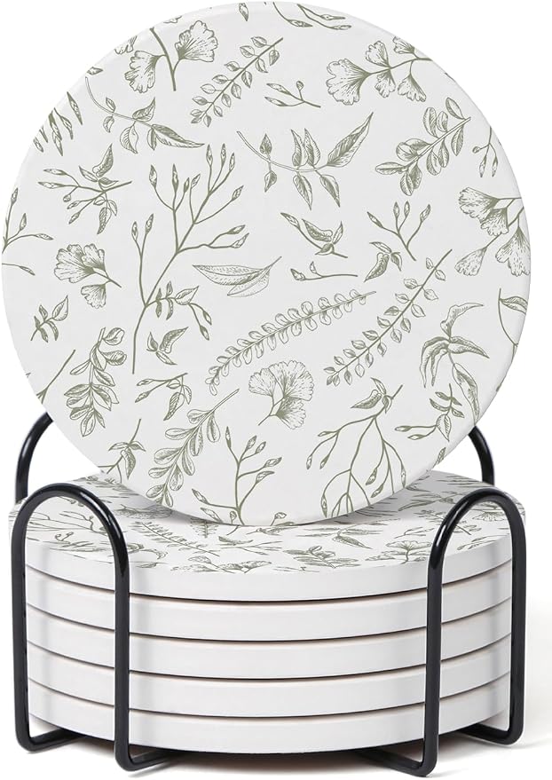 Set of 6 Floral Sage and White Coasters by Hoomey