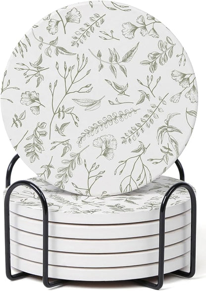 Set of 6 Floral Sage and White Coasters by Hoomey