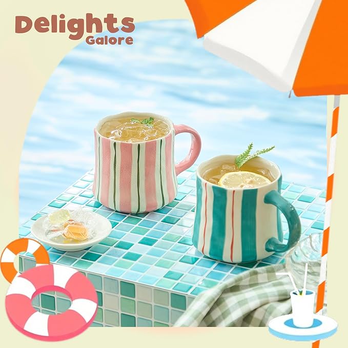 Striped Ceramic Coffee Mugs Set of 2, Tea & Cocoa, 12oz Dishwasher & Microwave - Image 6