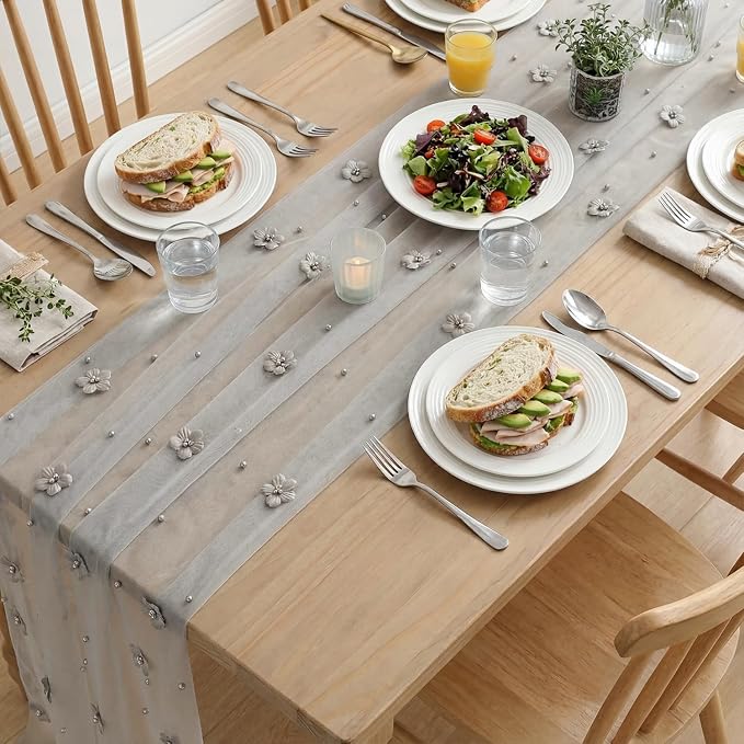 Artoid Mode Gray Flower Pearl Gray Gauze Table Runner 10FT, Seasonal Sheer - Image 5