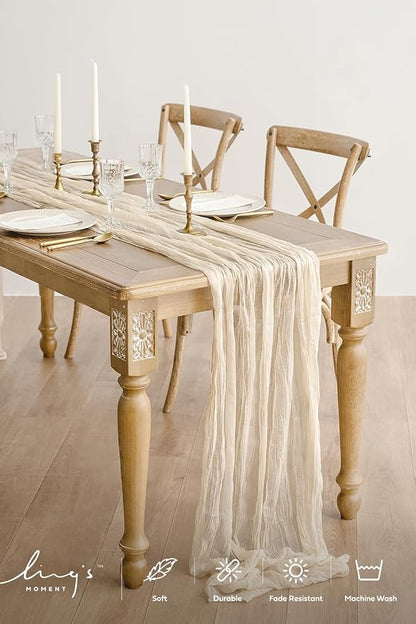 Ling's Moment Ivory Gauze Cheesecloth Table Runner, 14FT | Beige Sheer Cheese - Image 2