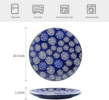 Selamica Ceramic Dinner Plates set of 4, 10.5 Inch Ceramic Plates for Kitchen, Large Serving Plates for Pasta Salad Steak, Microwave Dishwasher Safe, Blue