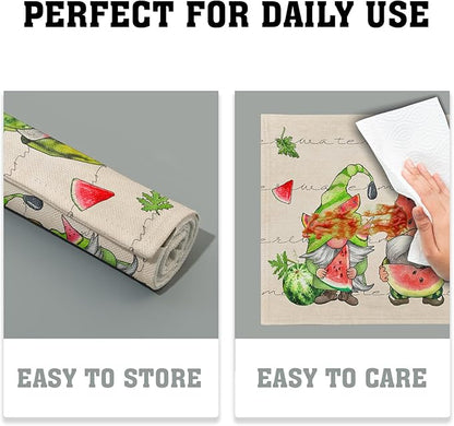 Summer Watermelon Gnomes Placemats Set of 4 12 x 18 Inch,Watercolor Red Watermelon Washable Kitchen Mats Seasonal Place Mat for Kitchen Dining Table Decor