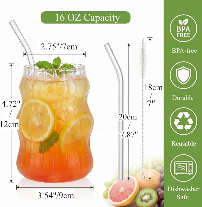 Tebery 4 Pack Cute Drinking Glasses, 16 Oz Ribbed Iced Coffee Cup Tumbler - Image 2
