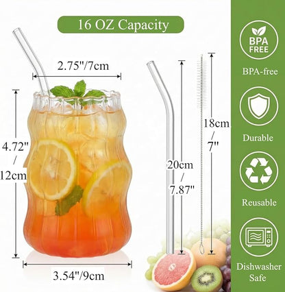 Tebery 4 Pack Cute Drinking Glasses, 16 Oz Ribbed Iced Coffee Cup Tumbler - Image 2