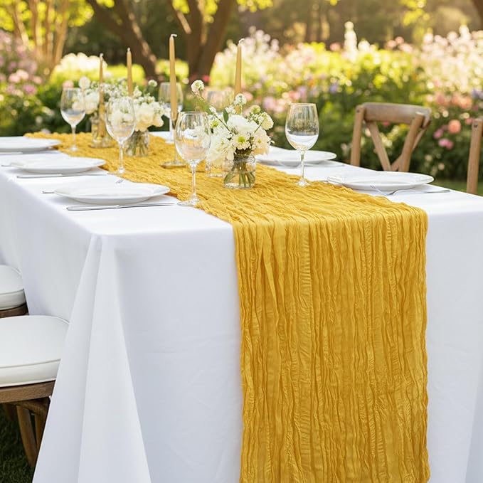 8 Pack Gold Cheesecloth Table Runner 120 Inch Boho Wedding Decor | Cheesecloth - Image 7