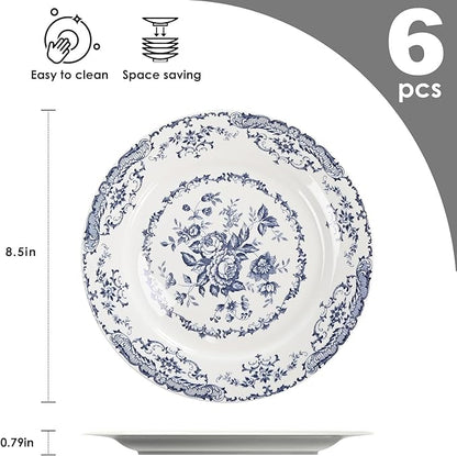 Salad Plates, Ceramic Plates Set of 6, Kitchen Plates Microwave Safe, 8.5 Inch White Plate Dessert Blue Floral