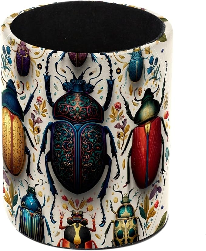 Leather Pen Holder for Desk, Circular Beetle Pencil Cup Pen Organizer Makeup by Unknown