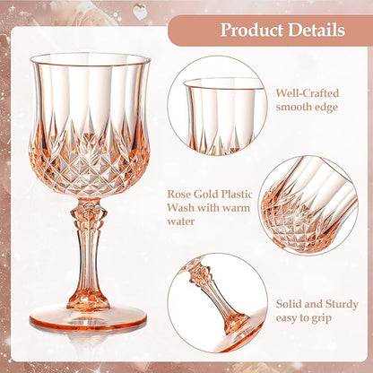 XUWAIDSGN 16 Pcs 7oz Plastic Vintage Wine Glasses Drinking Glasses Unbreakable Wedding Glassware Crystal Water Goblets Reusable Drinkware Vintage Champagne Flutes (16, Pink)