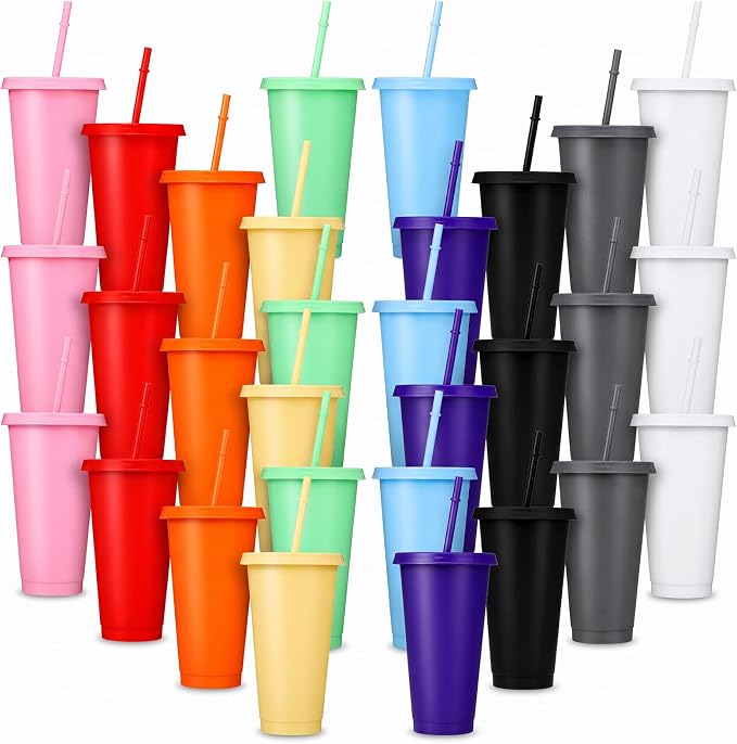 30 Pack Plastic Tumblers with Lids and Straw, Reusable Black Tumblers Bulk by Unknown