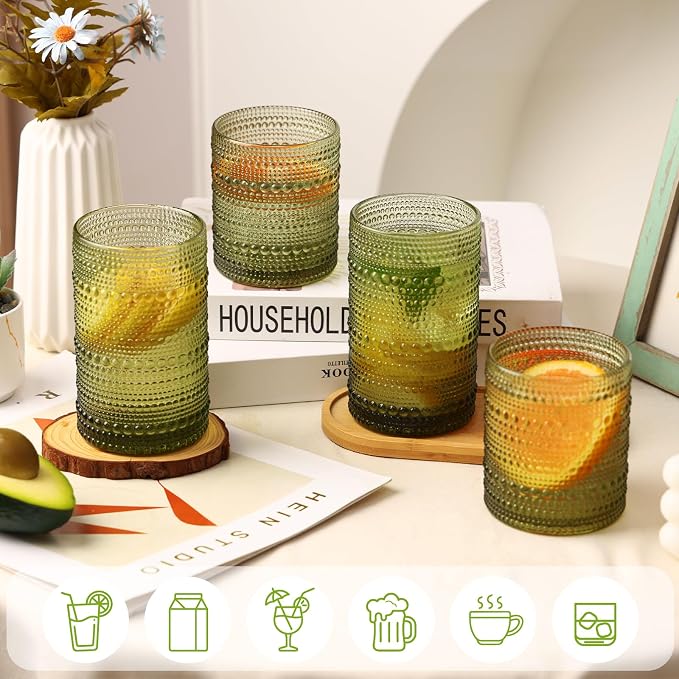 Moretoes Green Hobnail Drinking Glasses Set of 6, Glass Cups | 12 Oz Highball - Image 4