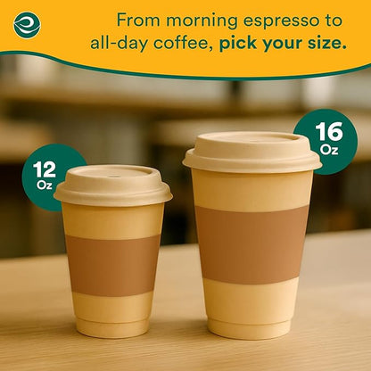 ECO SOUL 100 Pack 12 oz Disposable Coffee Cups with Lids & Sleeves Eco-Friendly, Biodegradable, Compostable, Leak-free & Sturdy To Go Hot Drink Cup for Tea, Chocolate Party Travel Cafe Office & Home