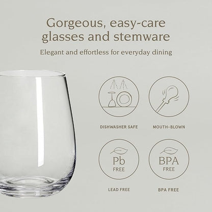 over&back 18oz Traditional Glassware - Set of 4 Classic Stemless Drinking Glasses for Parties, Get-togethers, and More - Mouth-Blown - Wine Cups for Kitchen and Dining Room - Clear