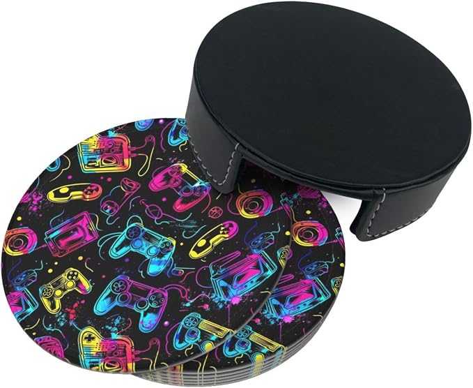 Drink Coasters with Holder Stand Set of 6, Bright Game Controller Pu Leather - Image 7