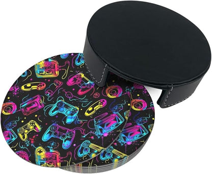 Drink Coasters with Holder Stand Set of 6, Bright Game Controller Pu Leather - Image 7