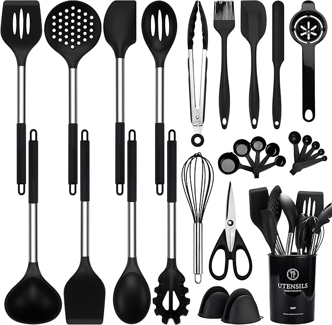 Silicone Kitchen Utensils Set, 28 Pcs Cooking Utensils Set 446°F Heat Resistant Spatula Set, Food Grade Silicone and Stainless Steel Handle Kitchen Gadgets for Nonstick Cookware BPA Free