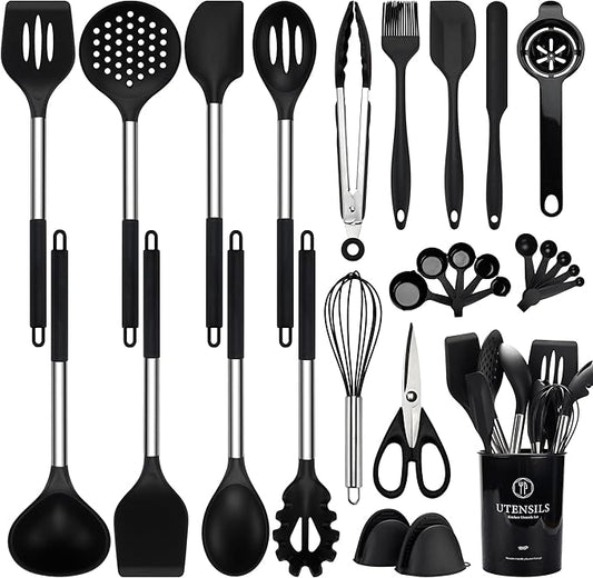 Silicone Kitchen Utensils Set, 28 Pcs Cooking Utensils Set 446°F Heat Resistant Spatula Set, Food Grade Silicone and Stainless Steel Handle Kitchen Gadgets for Nonstick Cookware BPA Free
