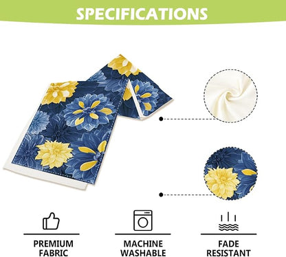 Blue Yellow Dahlia Flower Summer Table Runner Blue Yellow Gray Burlap Table - Image 6