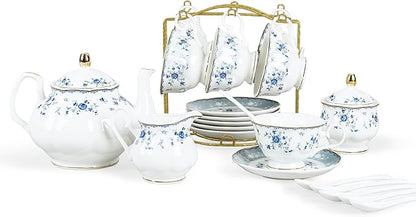 fanquare 15 Piece Blue Rose Porcelain Tea Set, British Floral Teapot by fanquare