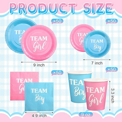 200 Pieces Party Supplies Tableware Set Patterns Printed Plates Napkins Cups Table Decorations for Baby Shower Birthday Party (Gender Reveal Style)
