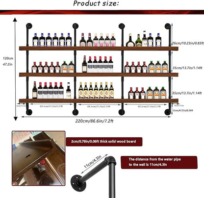 86.6in Large Wine Rack with LED Light Solid Wood Wall Mounted Wine Rack, 3-Tiers Liquor Bottles Floating Shelves Display Storage Organizer for Home Bar & Dining Room (220cm/86.6in)