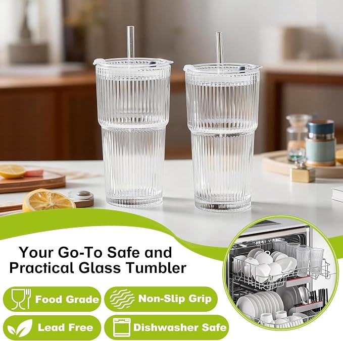 4pcs Ribbed Glass Tumbler with Straw and Lid - 20oz Reusable Iced Coffee Cups - Image 5