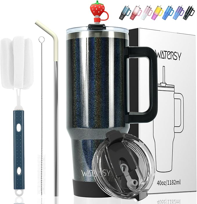 30 oz Shiny Tumbler with Handle and Straw, Stainless Steel Tumbler with Lid and by Watersy