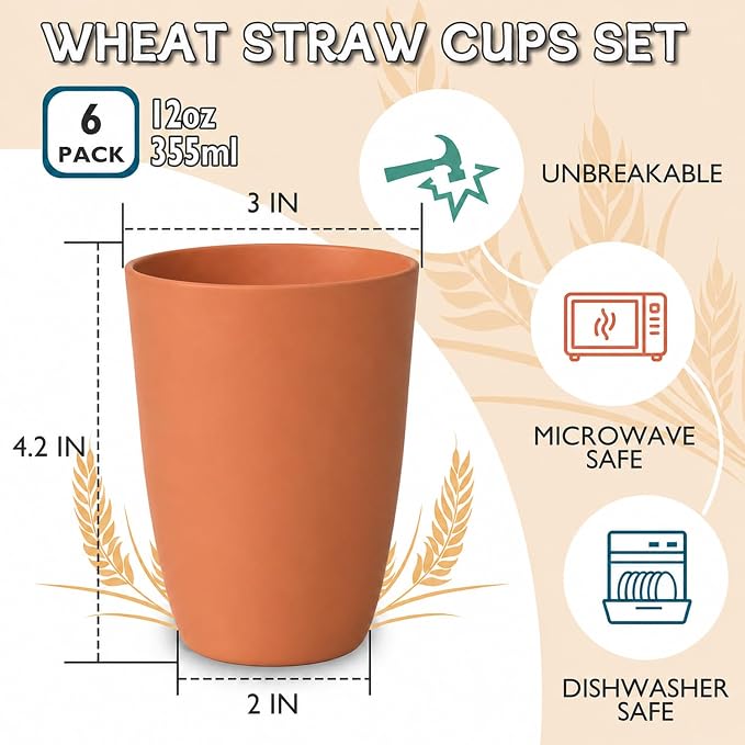 Wrova Wheat Straw Cups 6 PCS Good Alternative to Plastic Reusable Cups 12 oz - Image 2