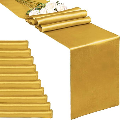 10-Pack Gold 12 x 108 inches Long Premium Satin Table Runner | Wedding by REWOMC