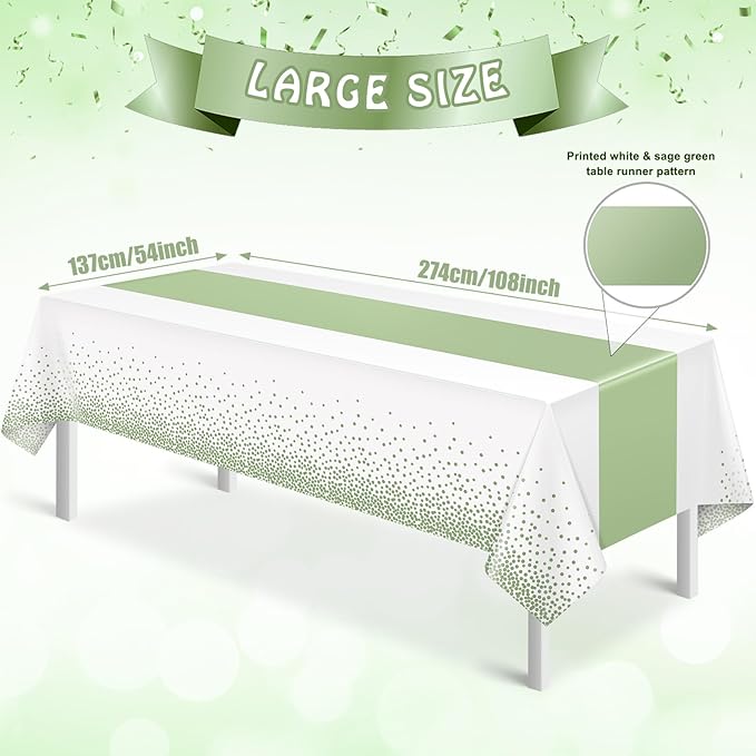 12Pcs White and Sage Green Tablecloth Decorations, Plastic White Table Cloth - Image 2