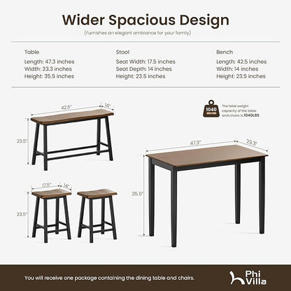 PHI VILLA Kitchen Table with Bench and Chairs, Counter Height Table and Chairs, Solid Wood Small Dining Table Set for 4, High Top Kitchen Table Chairs Set of 4, Walnut with Black