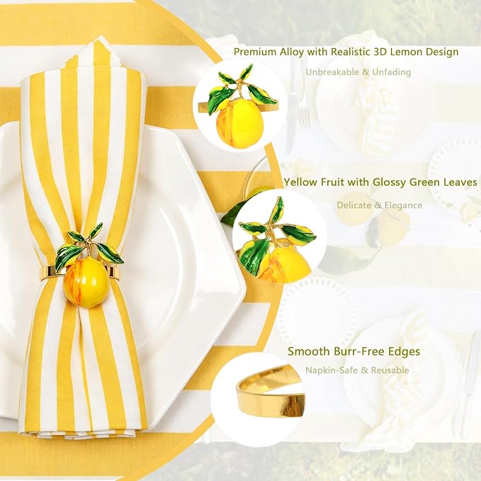 Lemon Napkin Rings Set of 8 for Summer Party Beach Wedding Decor | Shiny Gold - Image 6