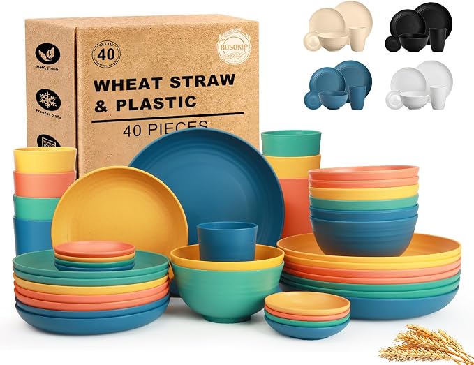 Wheat Straw Dinnerware Sets 40 Piece, Kitchen Plates and Bowls Set, Unbreakable by BUSOKIP