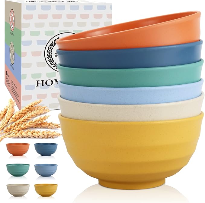 Large Bowl Set of 6, 60 oz Unbreakable Wheat Straw Bowls, Microwave Safe & by HOMIENLY