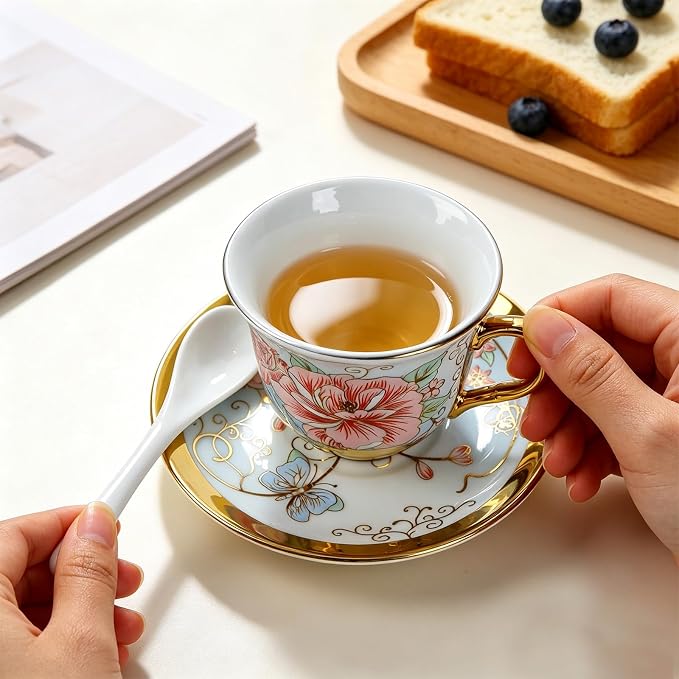 20-Piece Porcelain Tea Sets for Adults, Includes Tea Cups and Saucers, Spoons & - Image 4