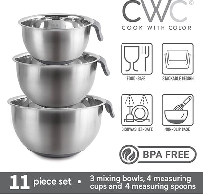 COOK WITH COLOR Stainless Steel Mixing Bowls Set and Measuring Cups - Nesting Bowls with Non-Slip Bottom and Easy-Grip Handles, Grey, 11 Pieces