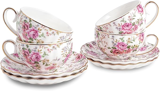 Agyiuns Tea Cup and Saucers, 6.4oz Floral Tea Cups by Agyiuns