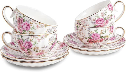 Agyiuns Tea Cup and Saucers, 6.4oz Floral Tea Cups by Agyiuns