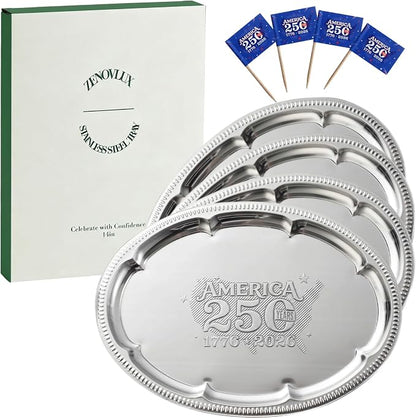 4 Pack 250th Anniversary USA Oval Silver Serving Trays by Zenovlux