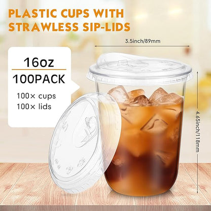100 Sets Clear Plastic Cups with Strawless Sip Lids, Thickened Clear Disposable Plastic PET Crystal Cups for Iced Coffee, Smoothie, Cold Beverage, Drink Shops and Party Catering (16 oz)